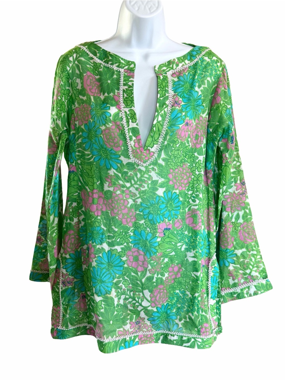 Milly Cabana Green Floral Cotton Tunic Cover Up S Resort Beach Coastal